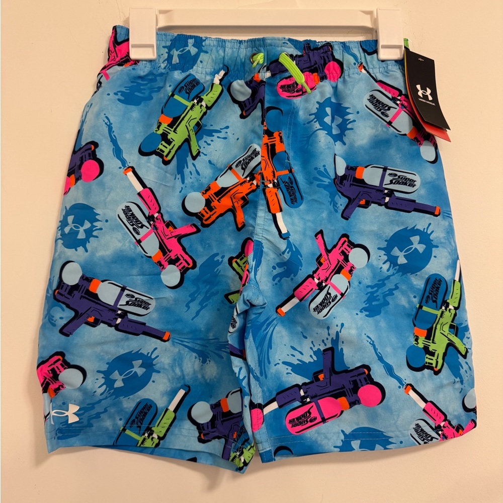 Under Armour Boys Blue Swim Trunks with Neon Water Super Soaker Print NEW - Picture 2 of 7